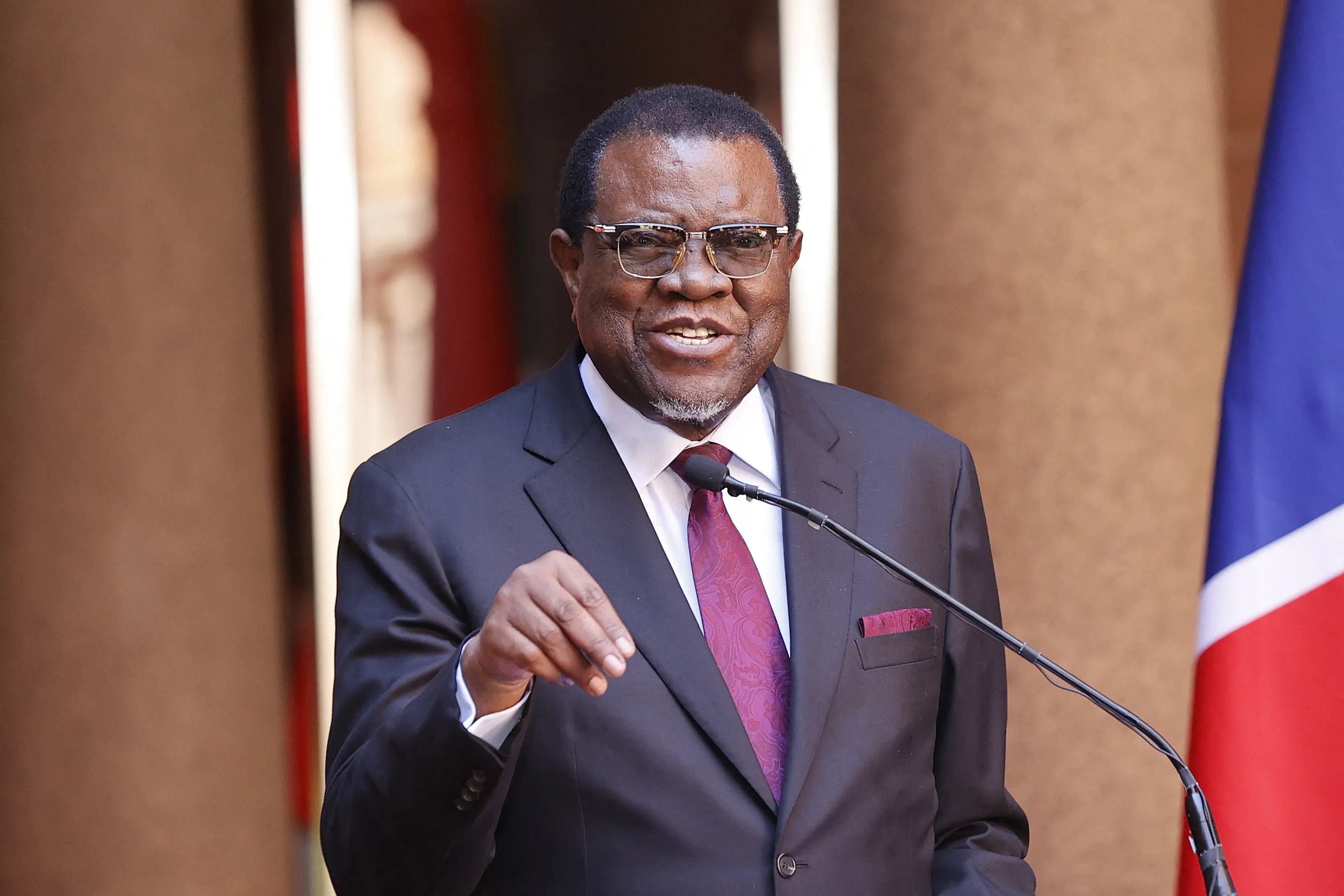 Hage Geingob is seen during a joint press conference with South African President Cyril Ramaphosa (not visible) during his state visit to South Africa at the Union Buildings in Pretoria on April 20, 2023. (Photo by Phill Magakoe / AFP) (Photo by PHILL MAGAKOE/AFP via Getty Images)