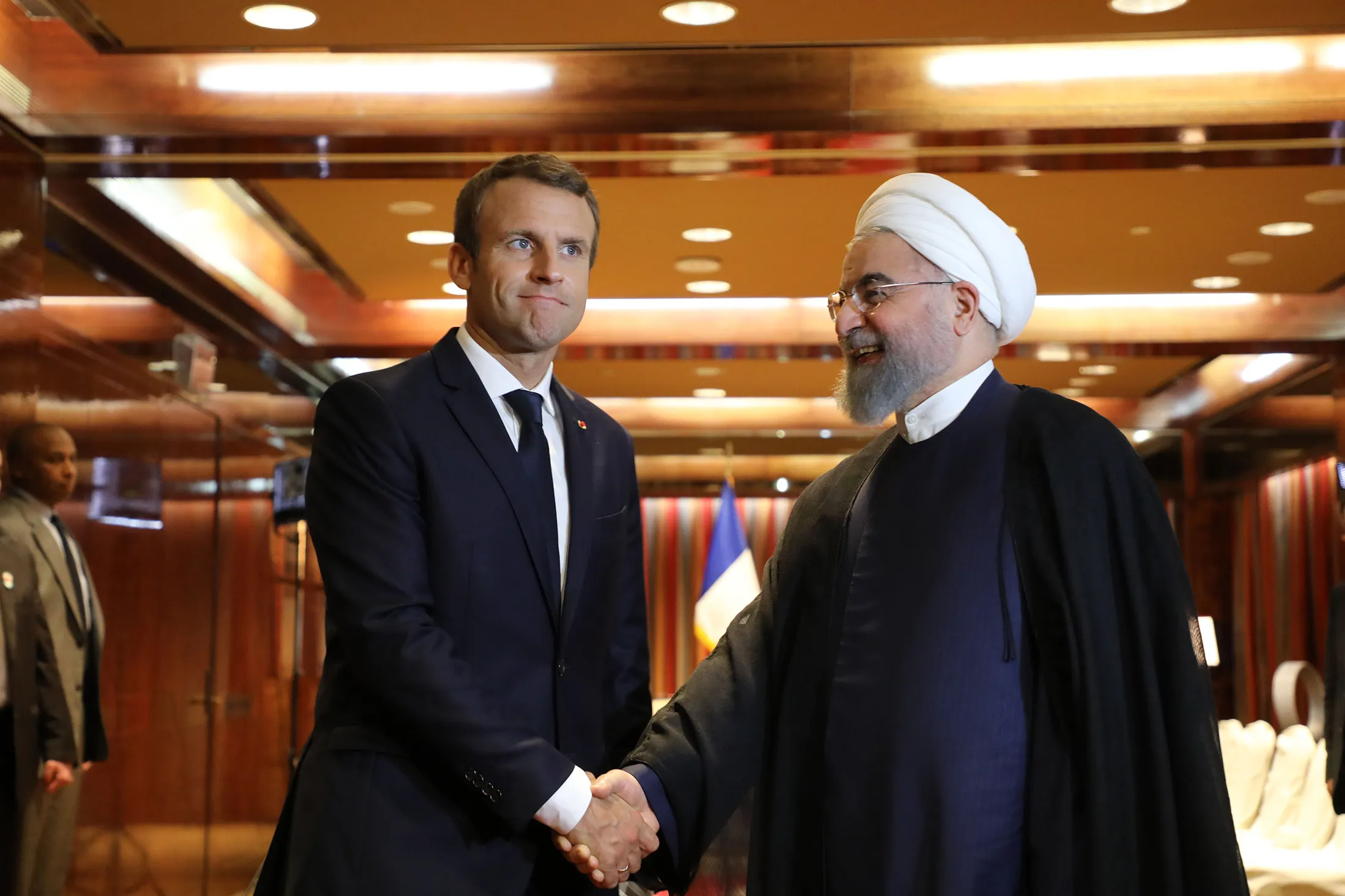 Emmanuel Macron greets Hassan Rouhani in 2017.