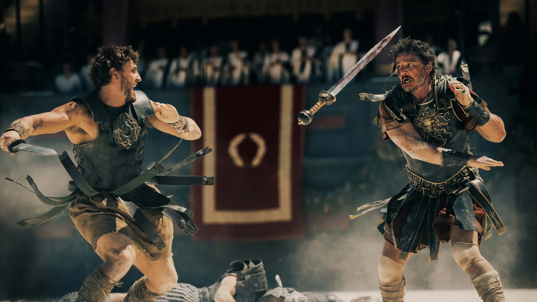 Paul Mescal (left) as Lucius&nbsp;and Pedro Pascal as Marcus Acacius in Gladiator II, from Paramount Pictures.