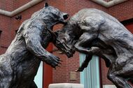 ST. LOUIS - NOVEMBER 15:  Stifel Financial's 'Forces' statue of a battling bull and bear sits outside the office building in St. Louis, Missouri on November 15, 2015.  (Photo By Raymond Boyd/Getty Images)  