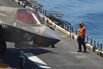 An F-35 fighter jet prepares to take off from USS Tripoli in April.