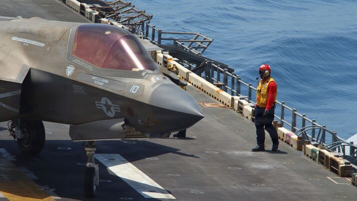 An F-35 fighter jet prepares to take off from USS Tripoli in April.