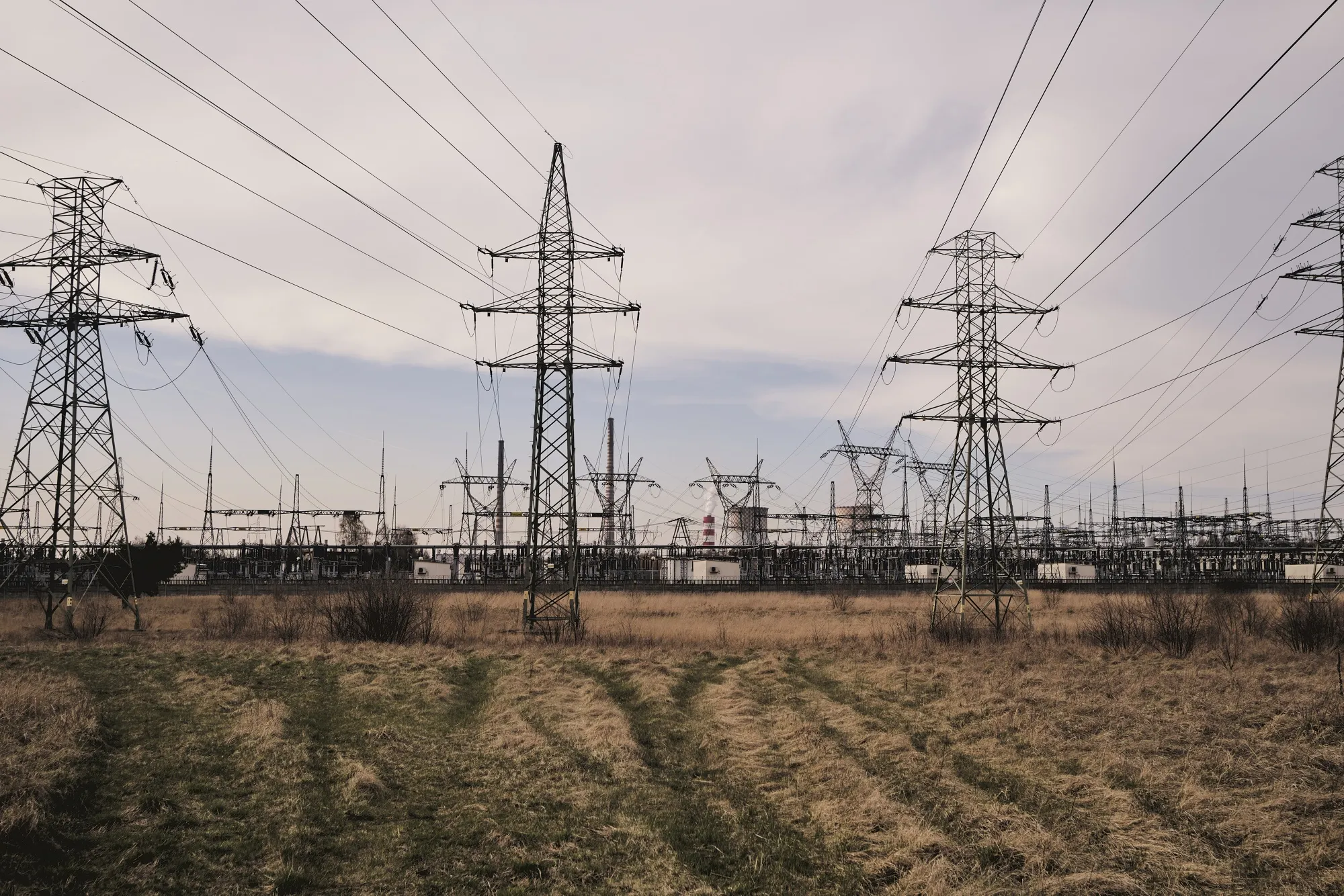 High tension electricity lines at the Rybnik coal-fired power plant in Rybnik, Poland.