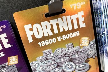 Fortnite V-Bucks for sale at a video game shop.