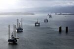 Mobile offshore drilling units stand in the&nbsp;in the North Sea.