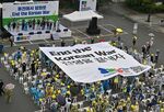 A big banner reading "End Korean War" during a peace festival to mark the 69th anniversary of the signing of the Korean War armistice agreement, at Imjingak park in Paju, on July 23.
