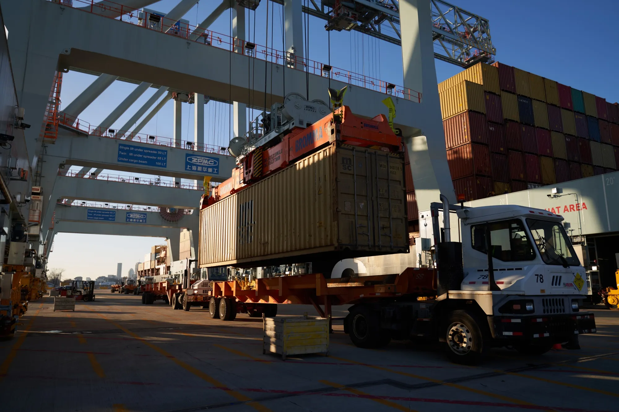Shipping containers are loaded onto trucks at the Port of Boston in&nbsp;Massachusetts.