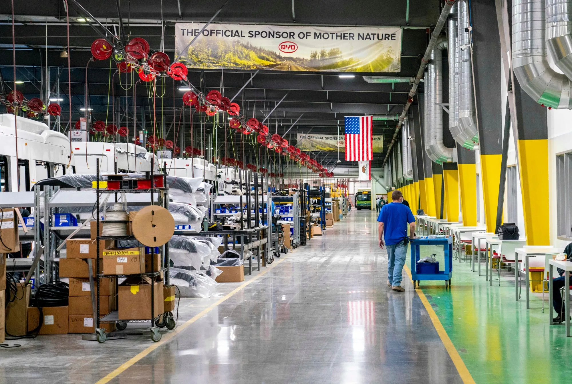 An employee at a manufacturing facility in Lancaster, California, US.