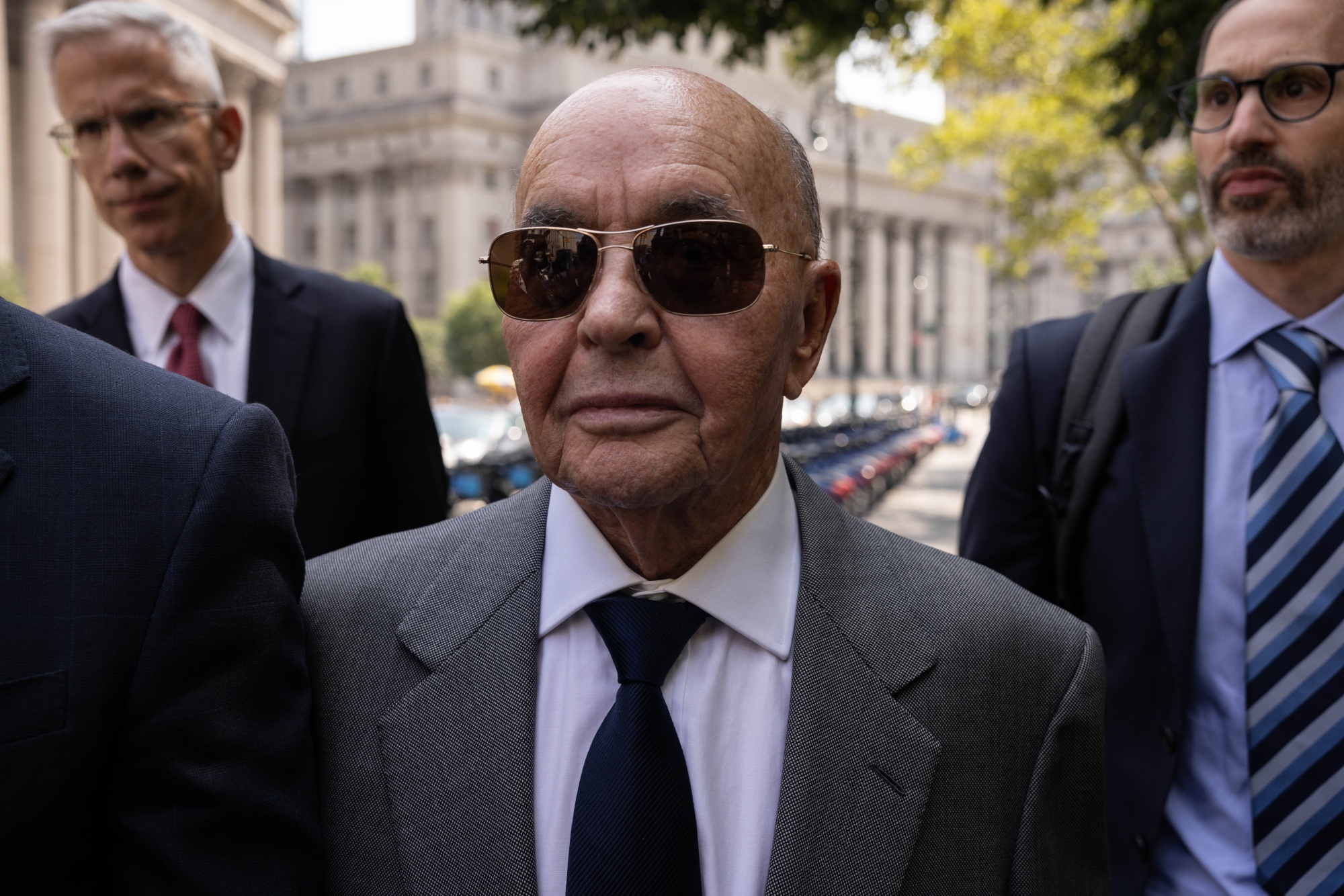 Joe Lewis, owner of Tottenham Hotspur Football Club, leaves court in New York, US, on Wednesday, July 26, 2023. Lewis is accused of abusing his access to corporate boardrooms to pass on inside information to his friends, staff on board his superyacht, personal pilots and romantic interests. Photographer: Yuki Iwamura/Bloomberg