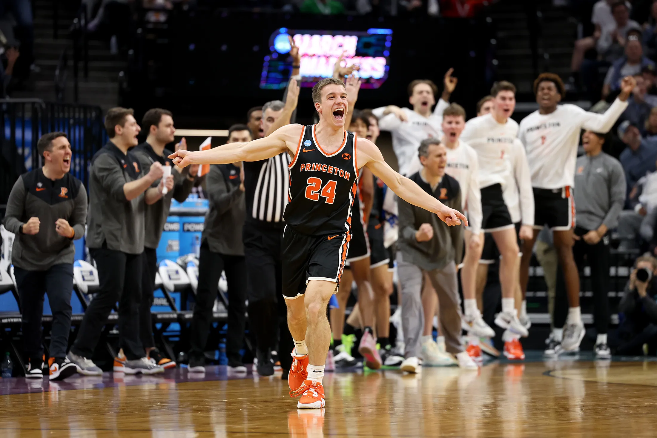 Blake Peters&nbsp;of the Princeton Tigers celebrates a three point basket against the Arizona Wildcats during the second half in the first round of the NCAA Men's Basketball Tournament on March 16.