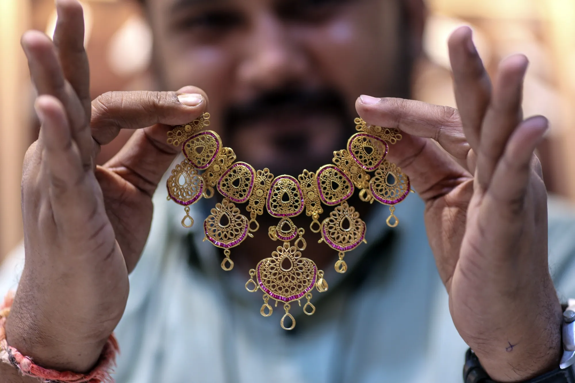 A gold necklace at a jewelry store in Mumbai.