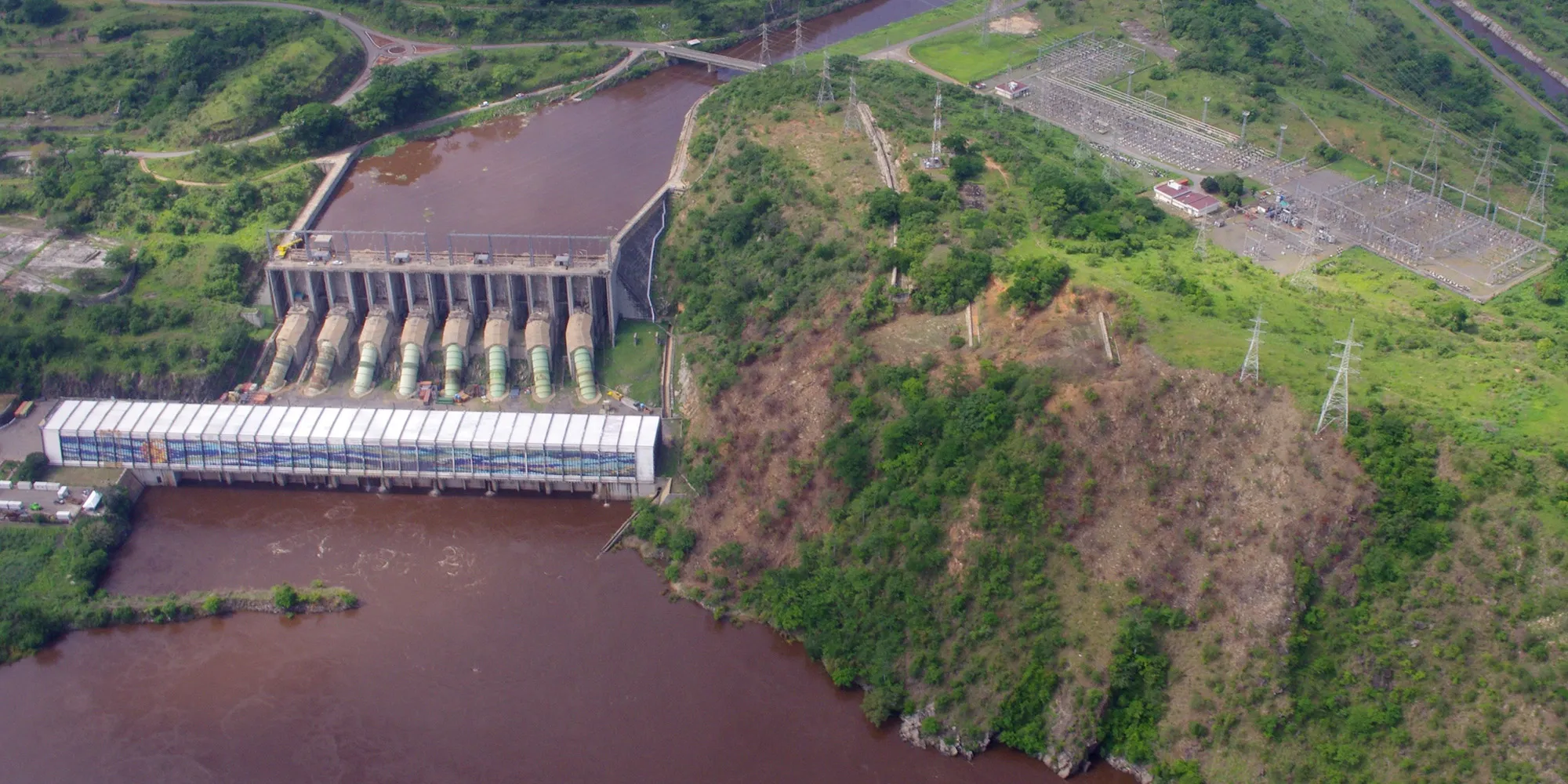 Aerial view taken on December 16, 2013 in Inga shows Inga 1 (rear) and Inga 2 (front) power plants on the Congo river.