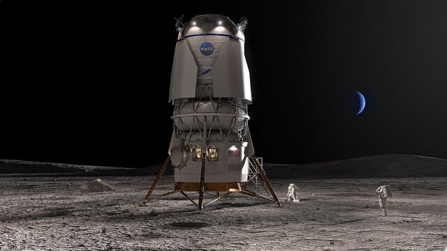 In an artist's sketch, Blue Origin's Blue Moon lander returns astronauts to the lunar surface.