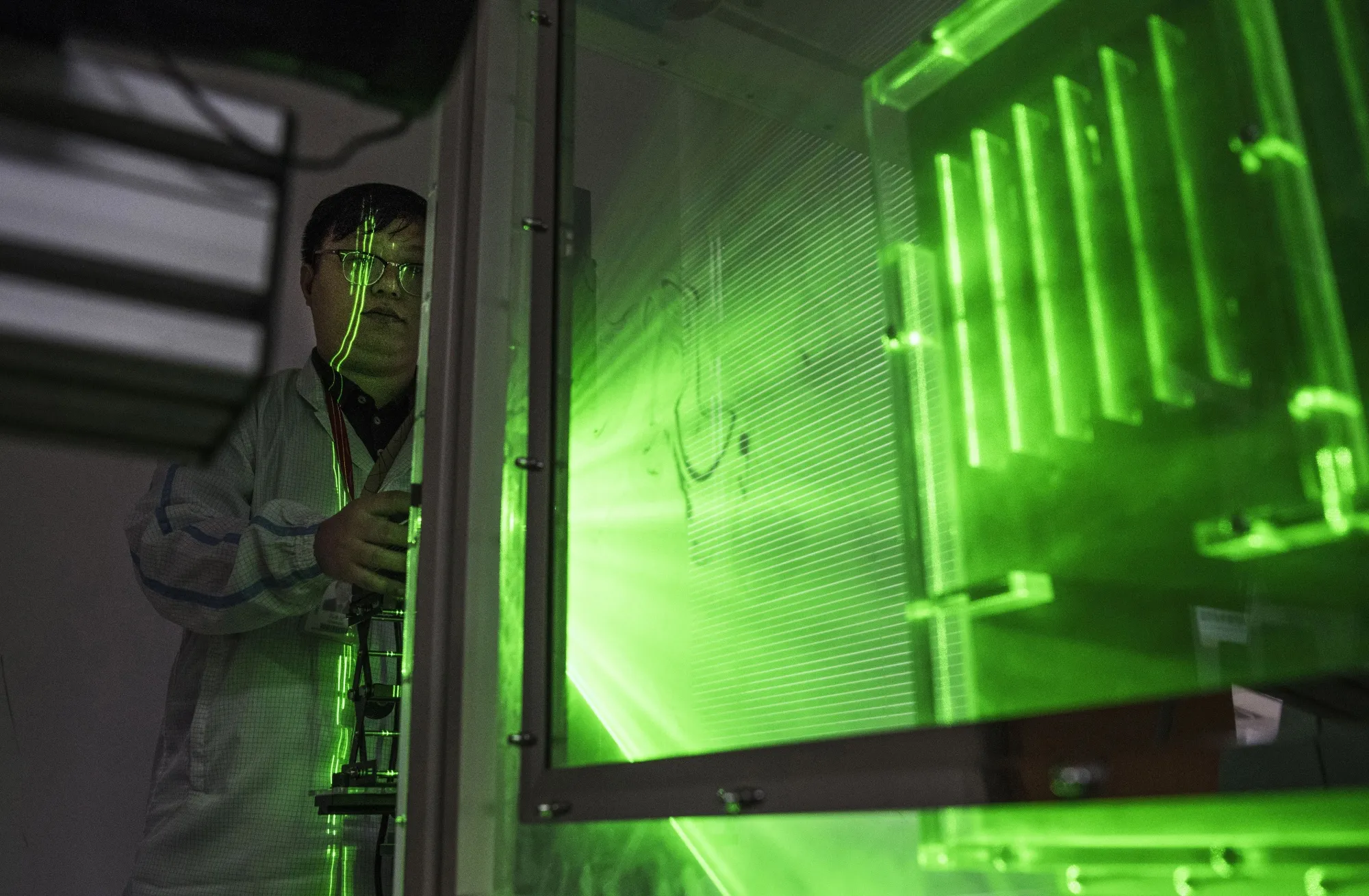 A Huawei thermal engineer performs a heat test at the Bantian campus in Shenzhen.