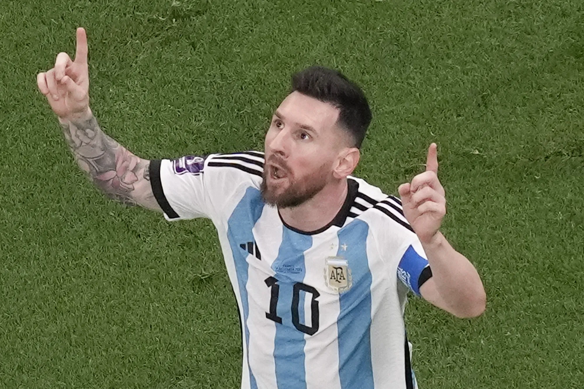 Argentina's Lionel Messi celebrates scoring his side's first goal during the FIFA&nbsp;World Cup 2022 against France on Dec. 18.