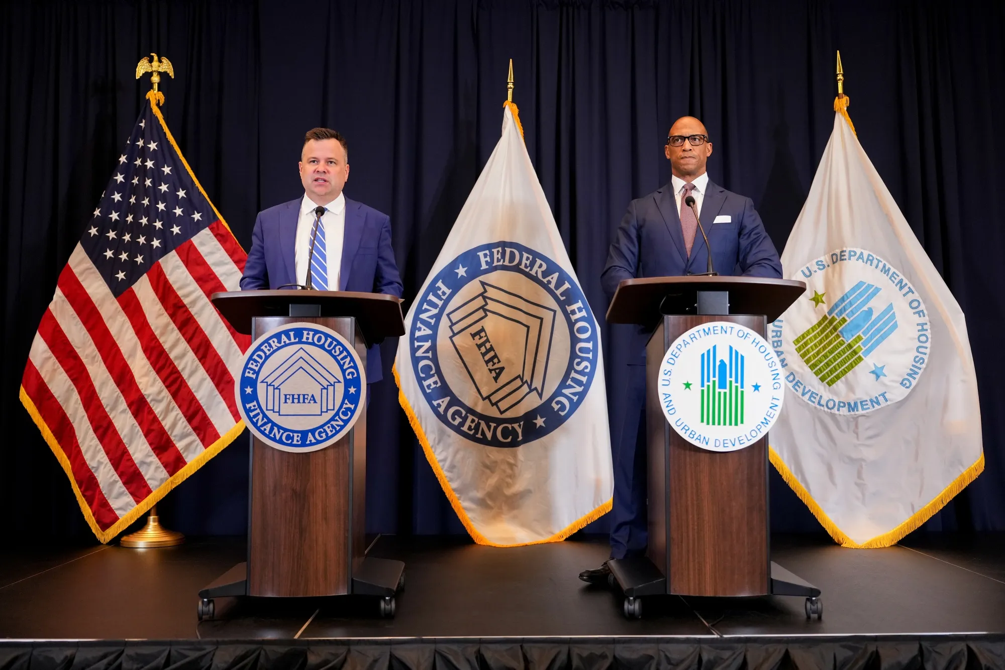 William Pulte and Eric Scott Turner during a news conference at the Federal Housing Finance Association (FHFA) headquarters in Washington on April 22.