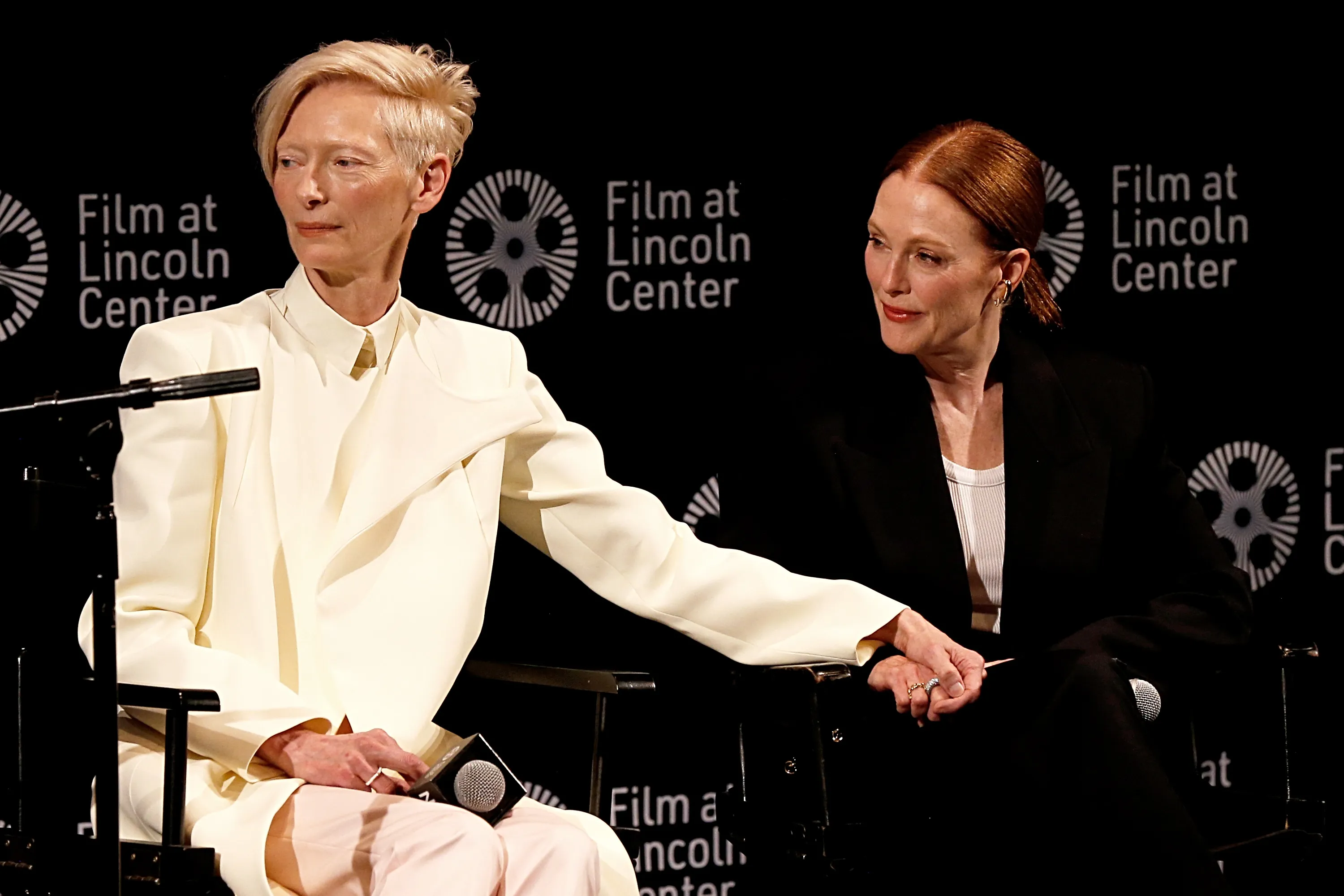 Tilda Swinton and Julianne Moore after a screening of Pedro Almodóvar’s The Room Next Door&nbsp;at the 62nd New York Film Festival.&nbsp;