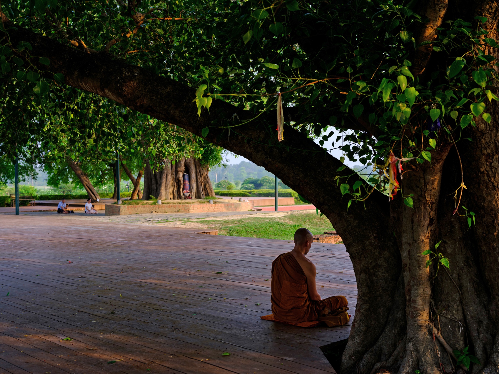 Monk meditates in front of the Maya Devi Temple in Nepal.