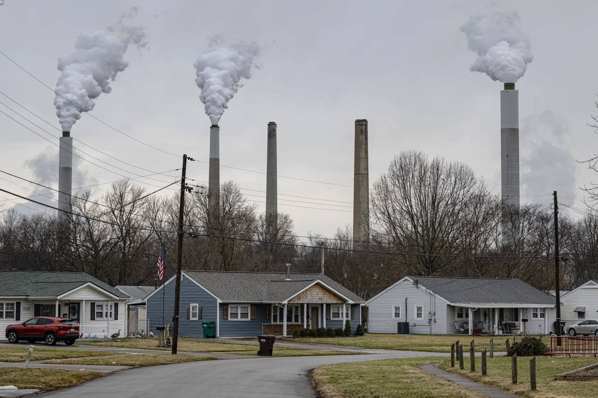 Flue-gas stacks of Mill Creek Generating Station in Louisville, Kentucky, February 2026.