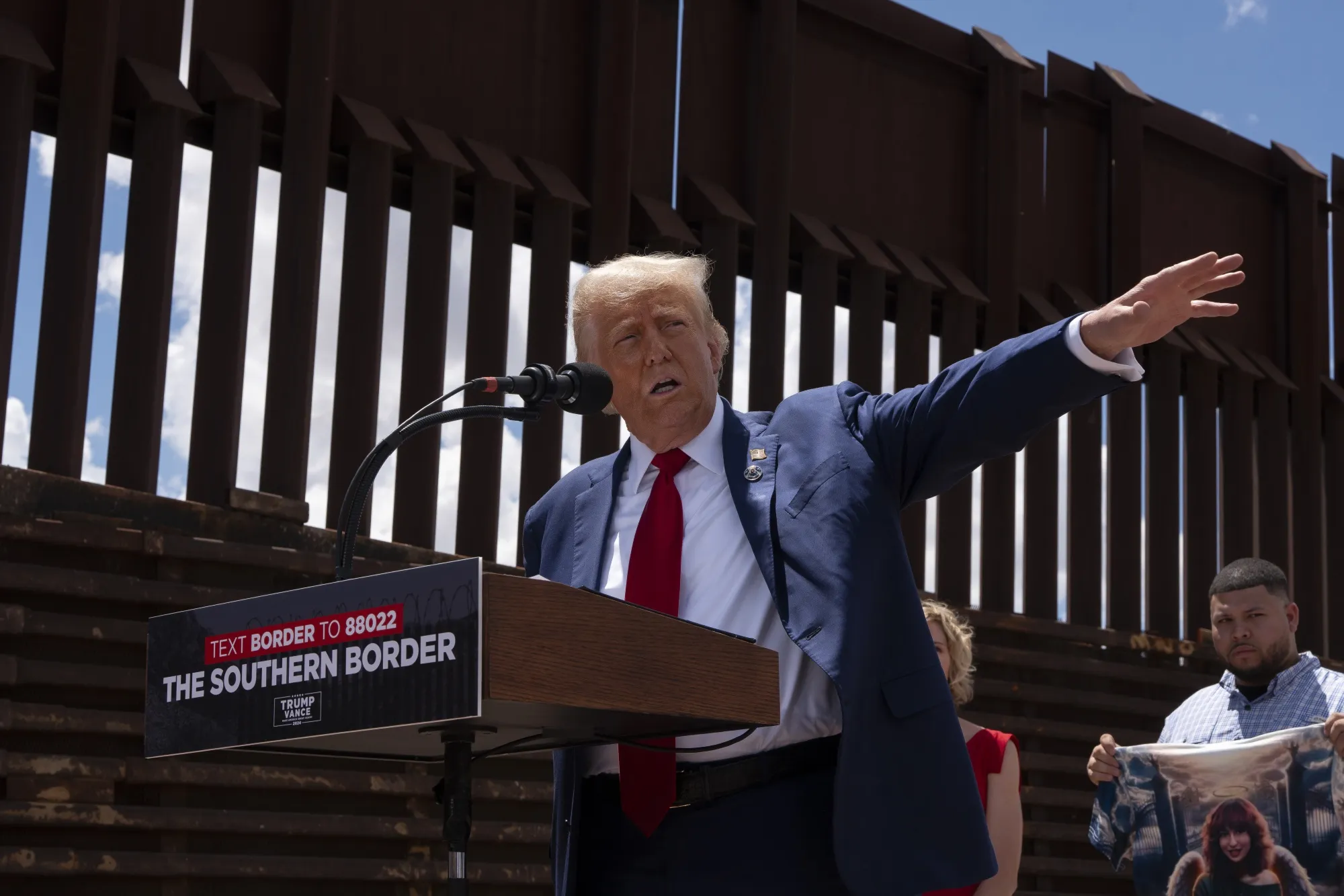 Donald Trump speaks at the US-Mexico border in Arizona on Aug. 22, 2024.