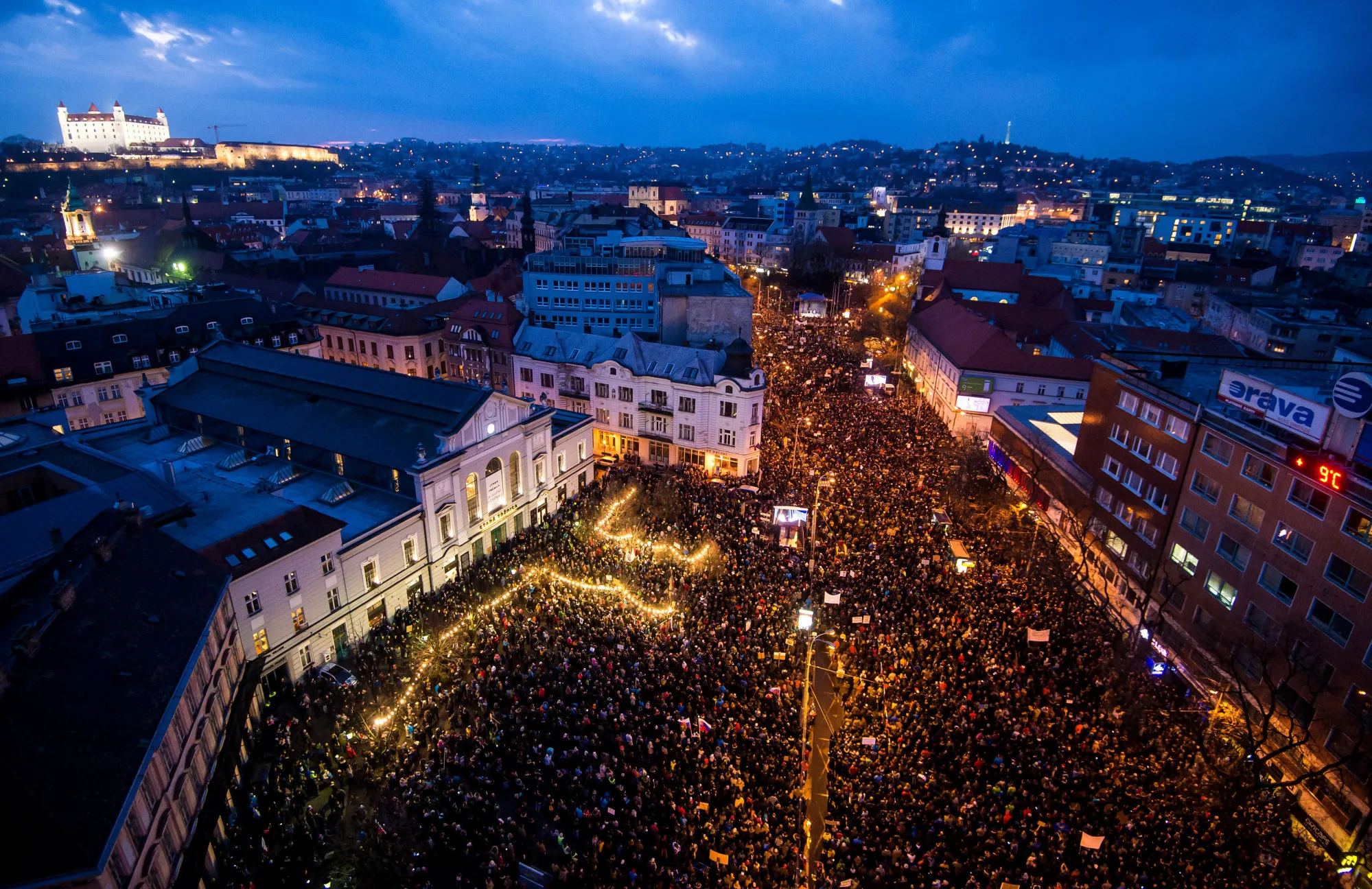 People protest in Bratislava on March 16.