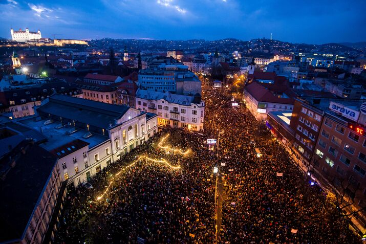 People protest in Bratislava on March 16.
