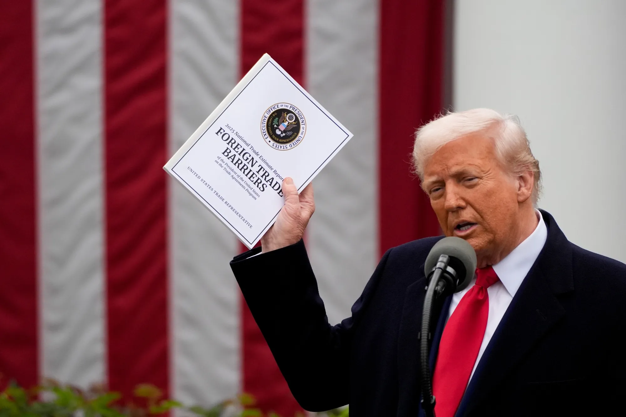 Donald Trump speaks during a tariff announcement in the Rose Garden of the White House on April 2.