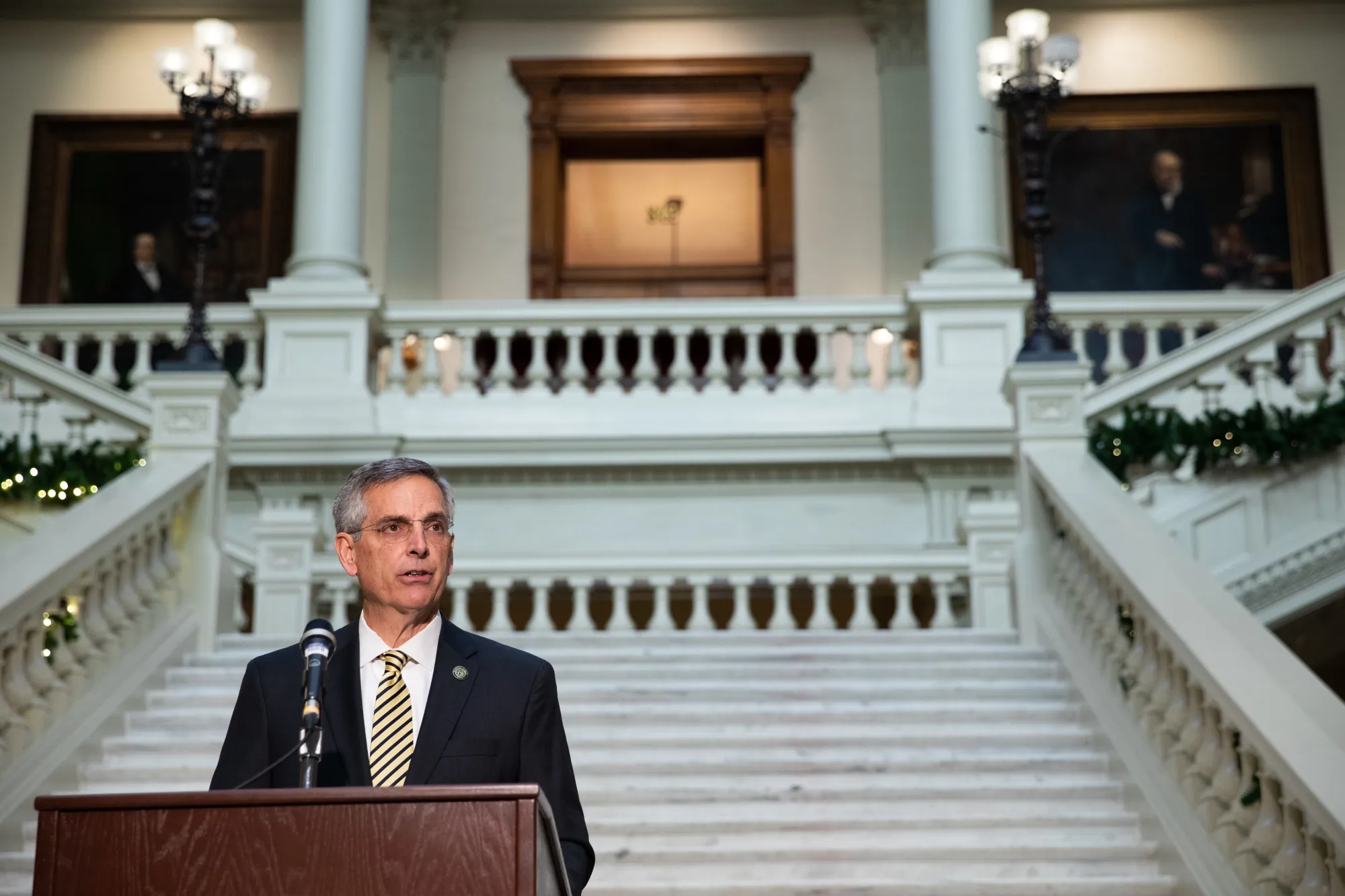 Brad Raffensperger speaks during a news conference at the Georgia State Capitol in Dec. 2020.