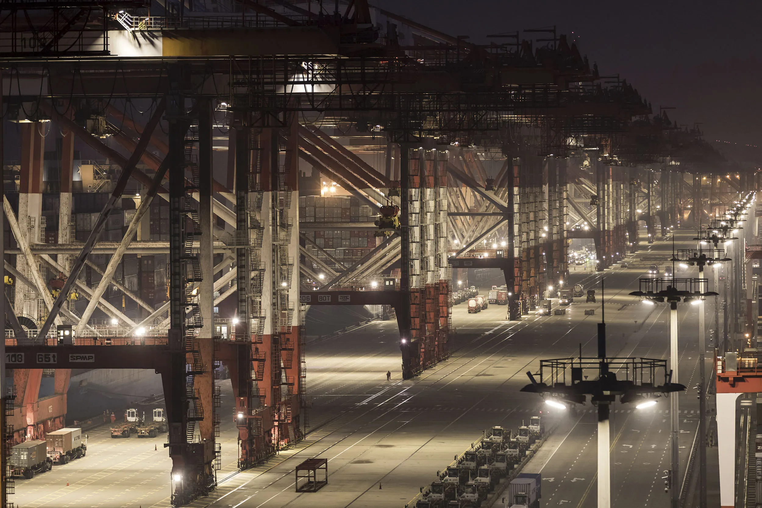Idle cranes at a container shipping port in China.