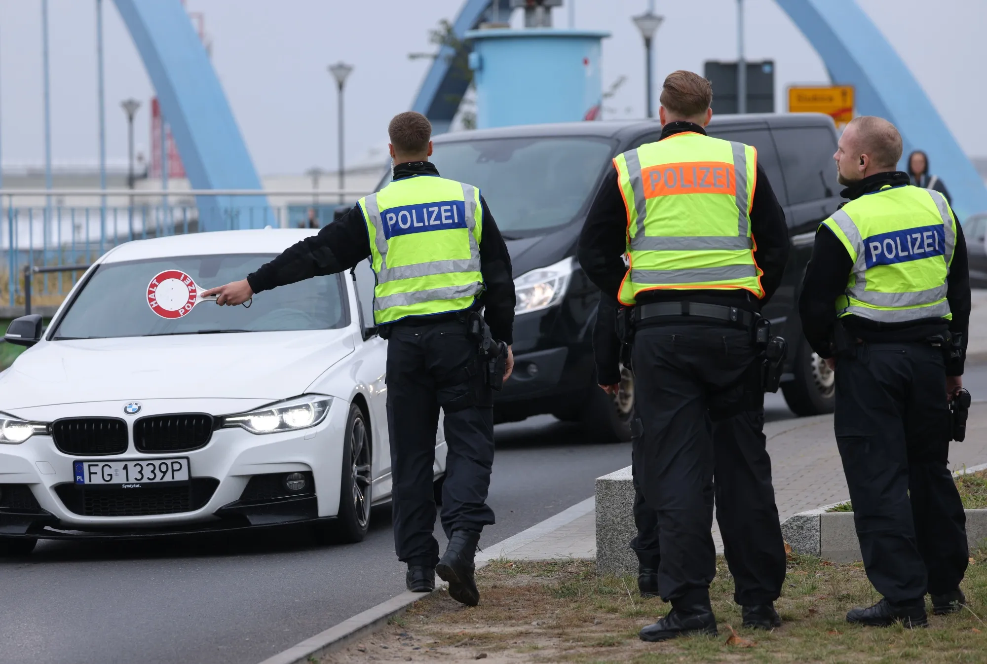 German police check vehicles arriving from Poland at a border checkpoint in Frankfurt an der Oder, Germany.