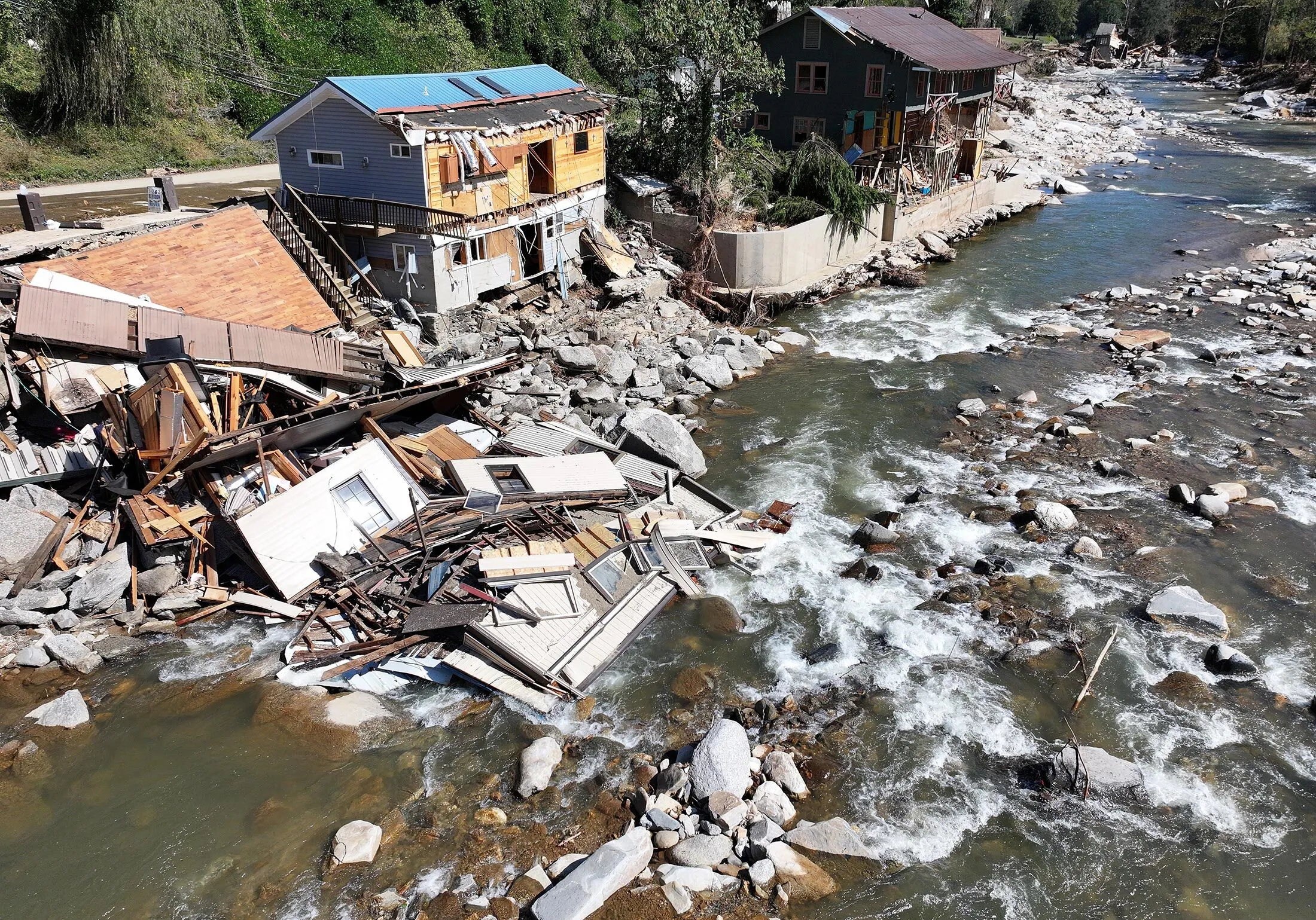 Destroyed and damaged buildings in the aftermath of Hurricane Helene&nbsp;on October 8, 2024 in Bat Cave, North Carolina.