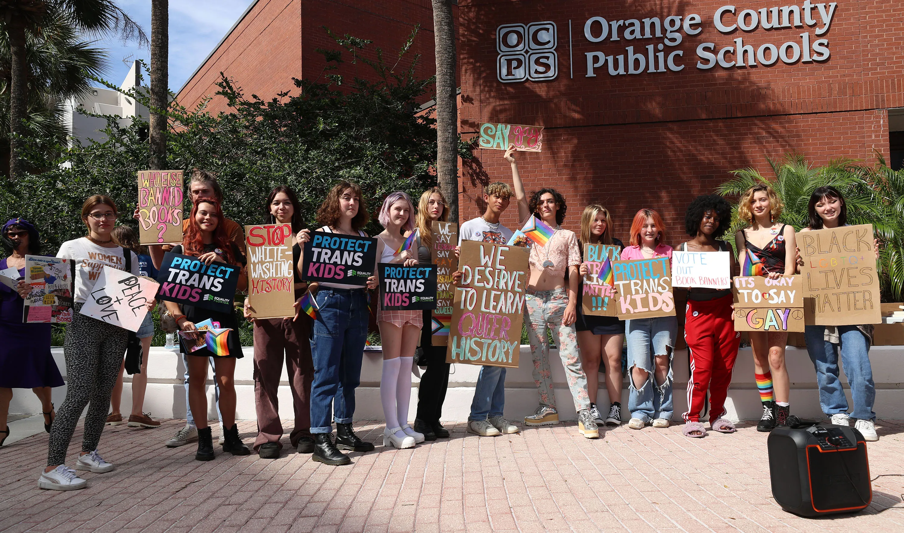 Students hold a rally outside an Orange County school board meeting on May 24, 2022, in Orlando, Florida, to protest book bans and the&nbsp;Florida Parents Rights in Education Act.&nbsp;