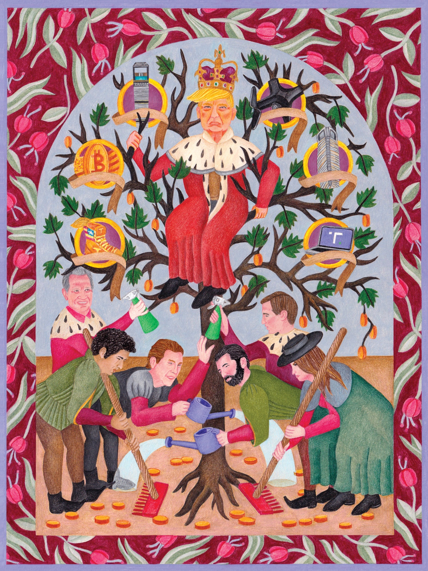 Illustration of Donald Trump surrounded by recent business ventures and investments, tended to by family and close associates.