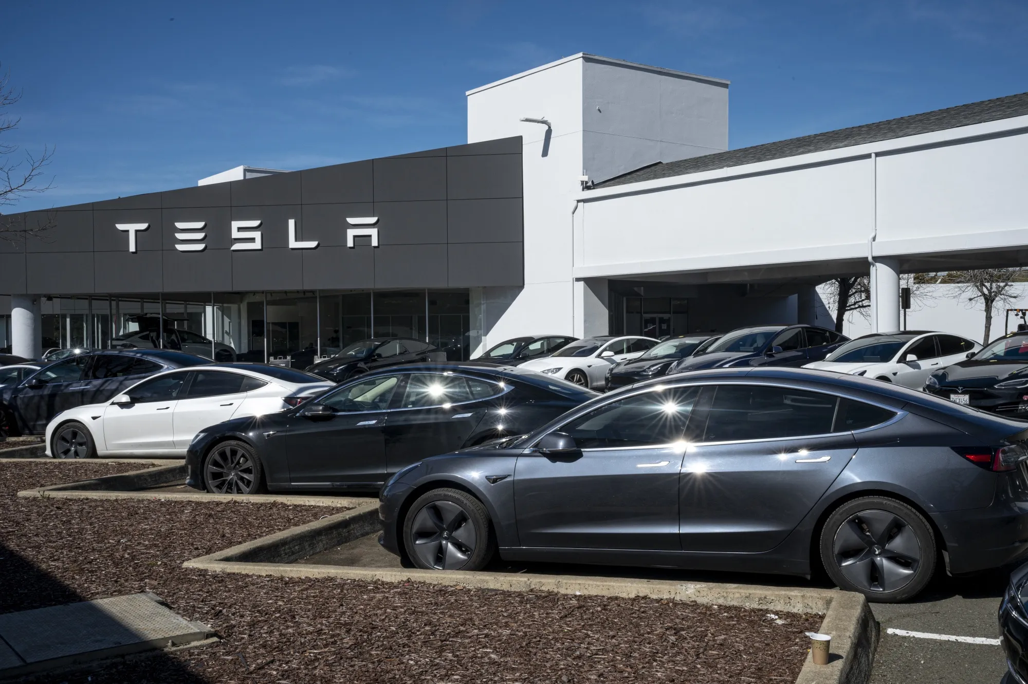 Vehicles for sale at a Tesla store in Vallejo, California.