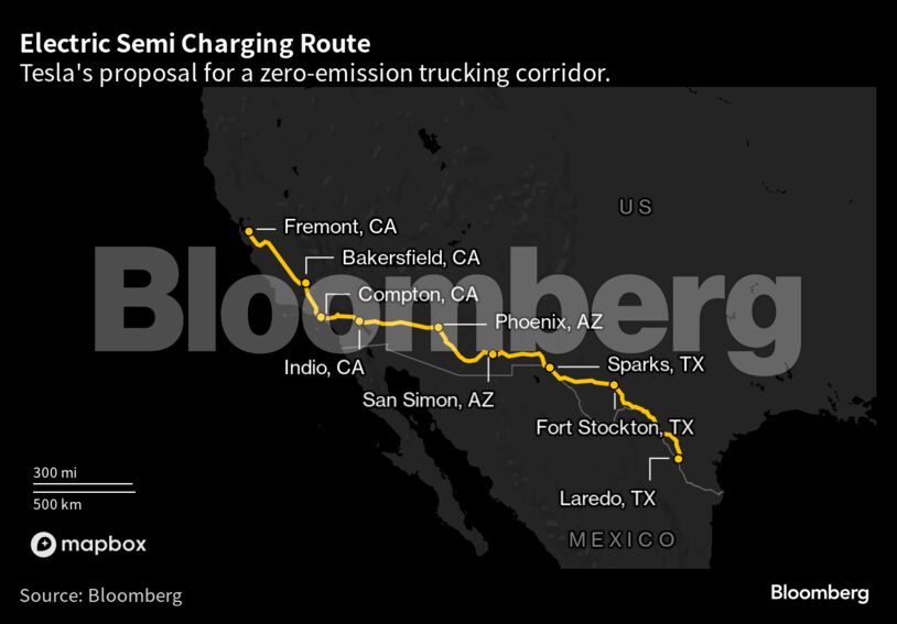 Electric Semi Charging Route | Tesla's proposal for a zero-emission trucking corridor.