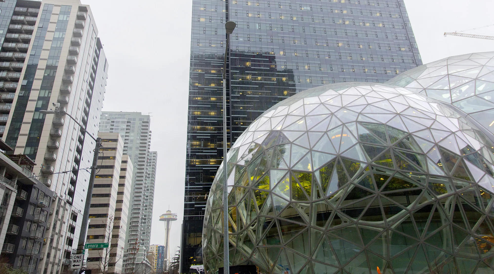 The Seattle Space Needle is seen past the Amazon.com&nbsp;Spheres in Seattle.