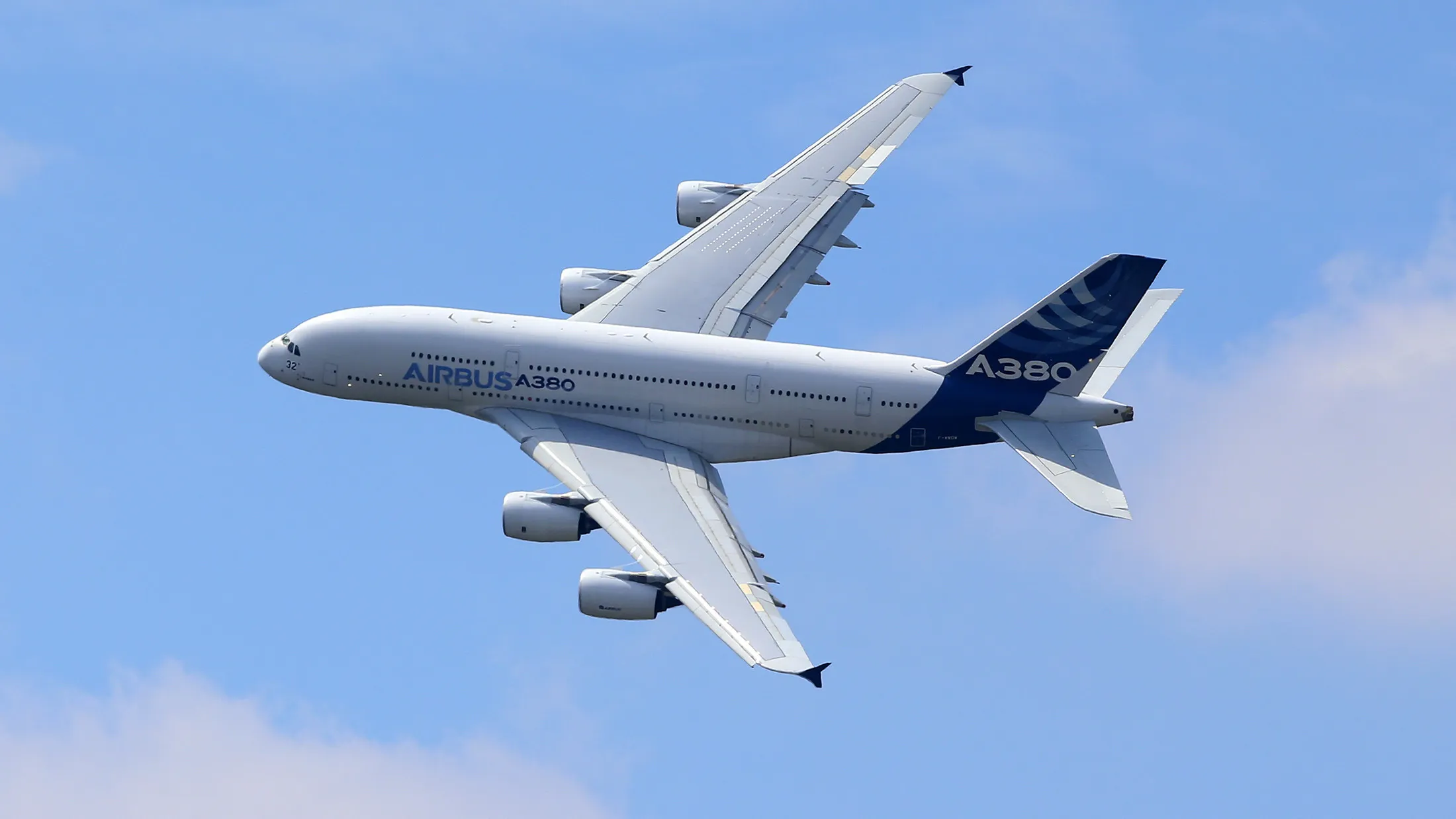 An Airbus A380 super jumbo performs a flying display.
