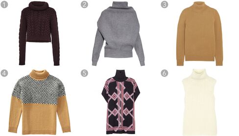 (1) Burgundy wool blend cable knit pullover, Tibi, $525, modaoperandi.com; (2) Jacy high-neck sweater, Acne Studios, $483, matchesfashion.com; (3) Iconic cashmere sweater, Chloe, $995, net-a-porter.com; (4) Zigzag sweater, $49, joefresh.com; (5) Printed wool turtleneck sweater, Kenzo, $677, mytheresa.com; (6) Vandrona alpaca-blend turtleneck sweater, Theory, $375, net-a-porter.com.