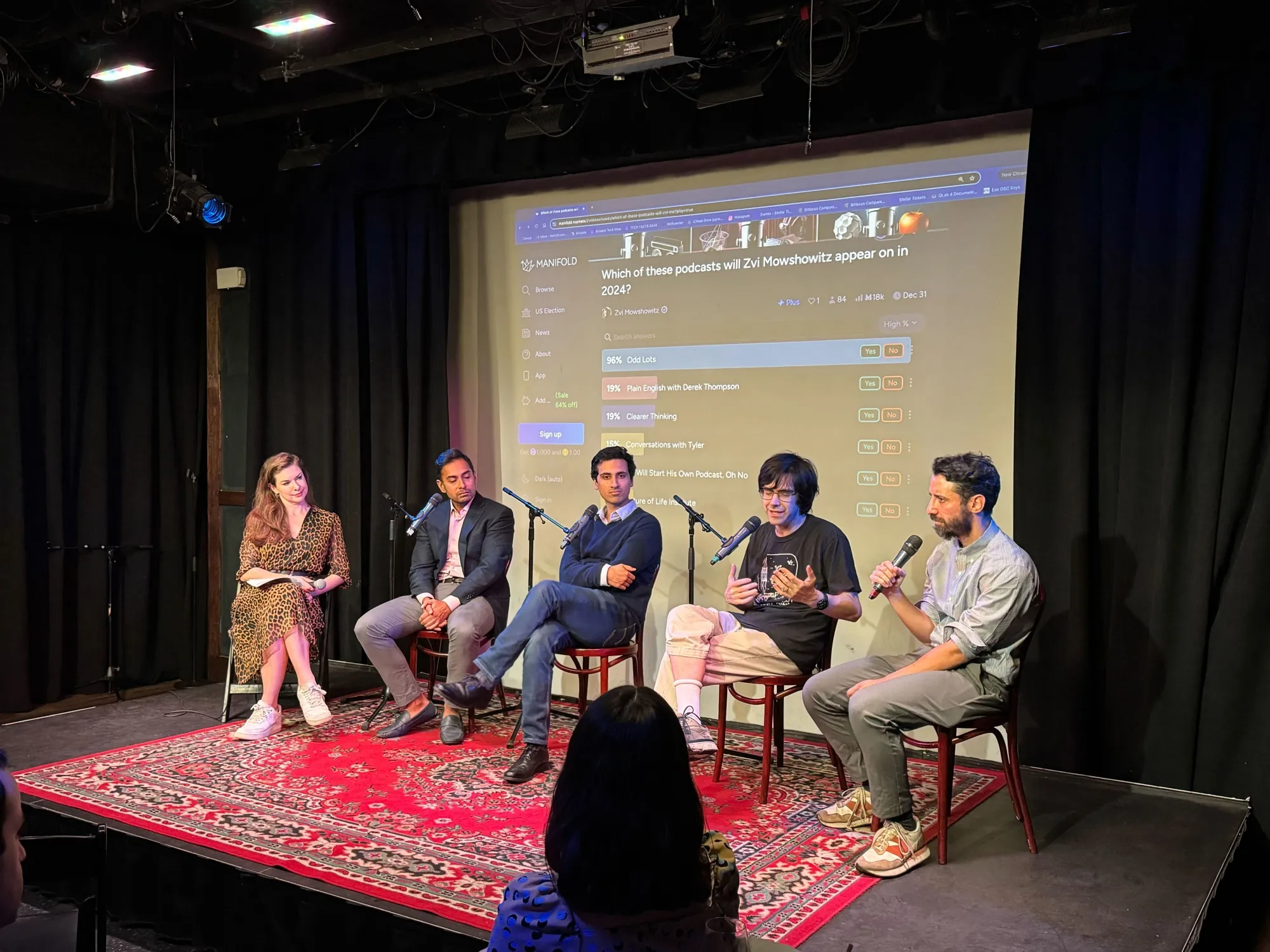 Tracy Alloway, Neil Dutta, Skanda Amaranth, Zvi Mowshowitz,&nbsp;and Joe Weisenthal at a live taping of the Odd Lots podcast.