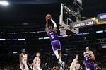 LeBron James of the Los Angeles Lakers dunks against the Atlanta Hawks in the second half at Crypto.com Arena in Los Angeles, in Jan. 2022.
