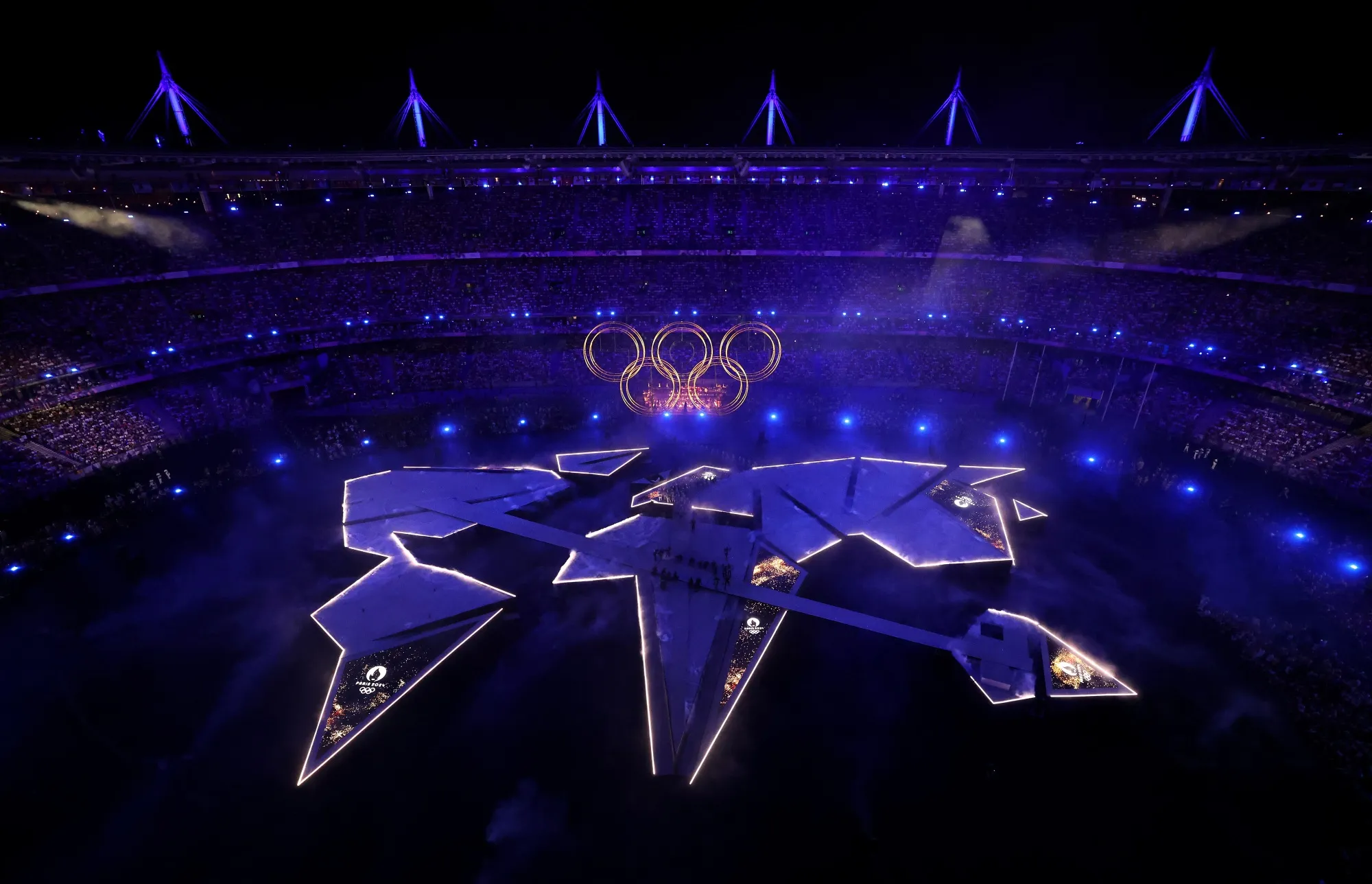 The Olympic Rings assembled at the closing ceremony in Paris.