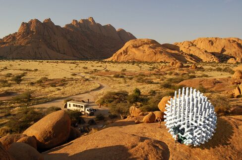 The Palloon Relaxation Pavilion by J. Mayer H. for Wallpaper* is 27-feet long and 25-feet high and made up of overlapping plastic beams. You'll need quite a bit of space to park it—how about a desert?