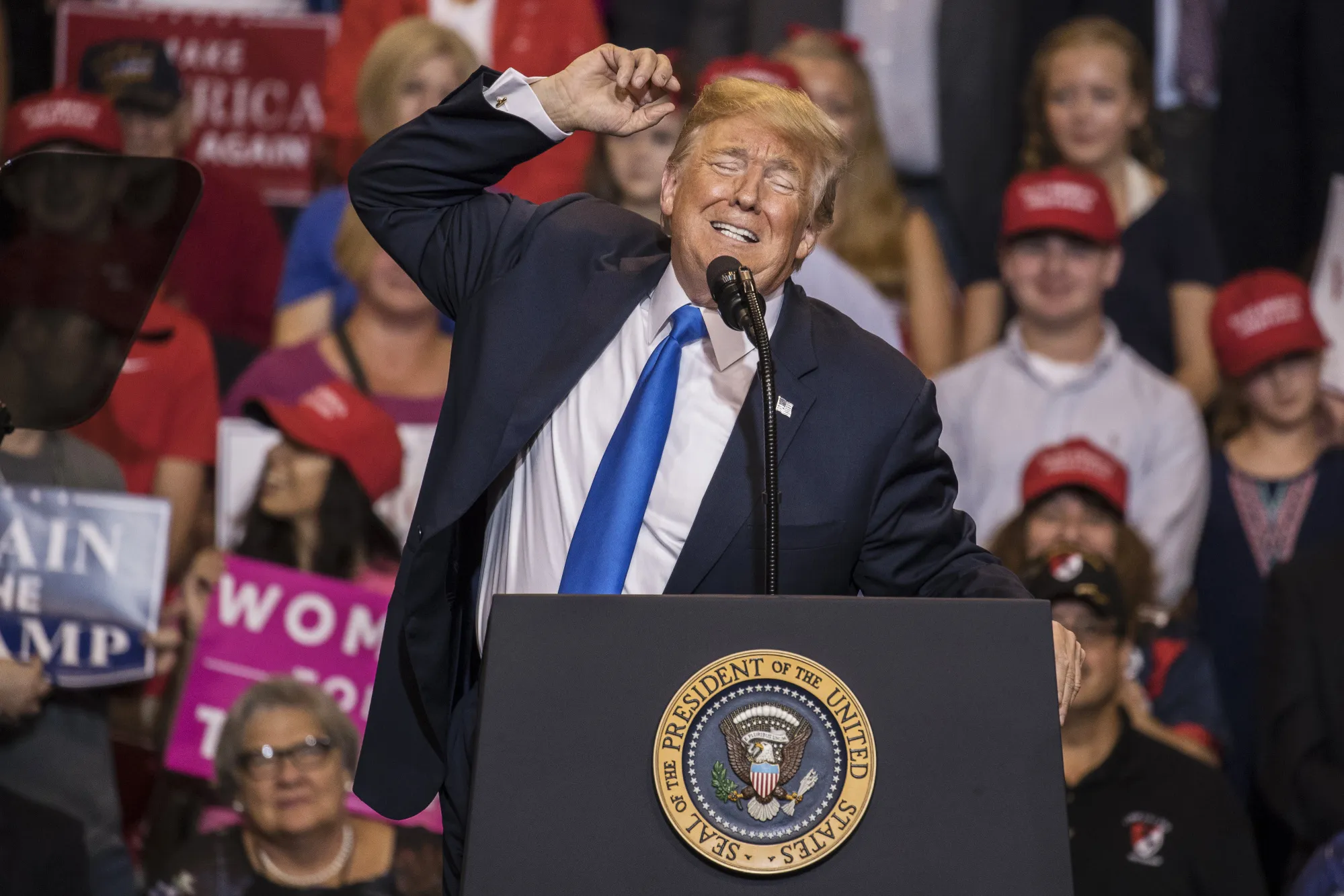 Trump gestures as he speaks during a rally in Wilkes-Barre, Pennsylvania, on Aug. 2, 2018.