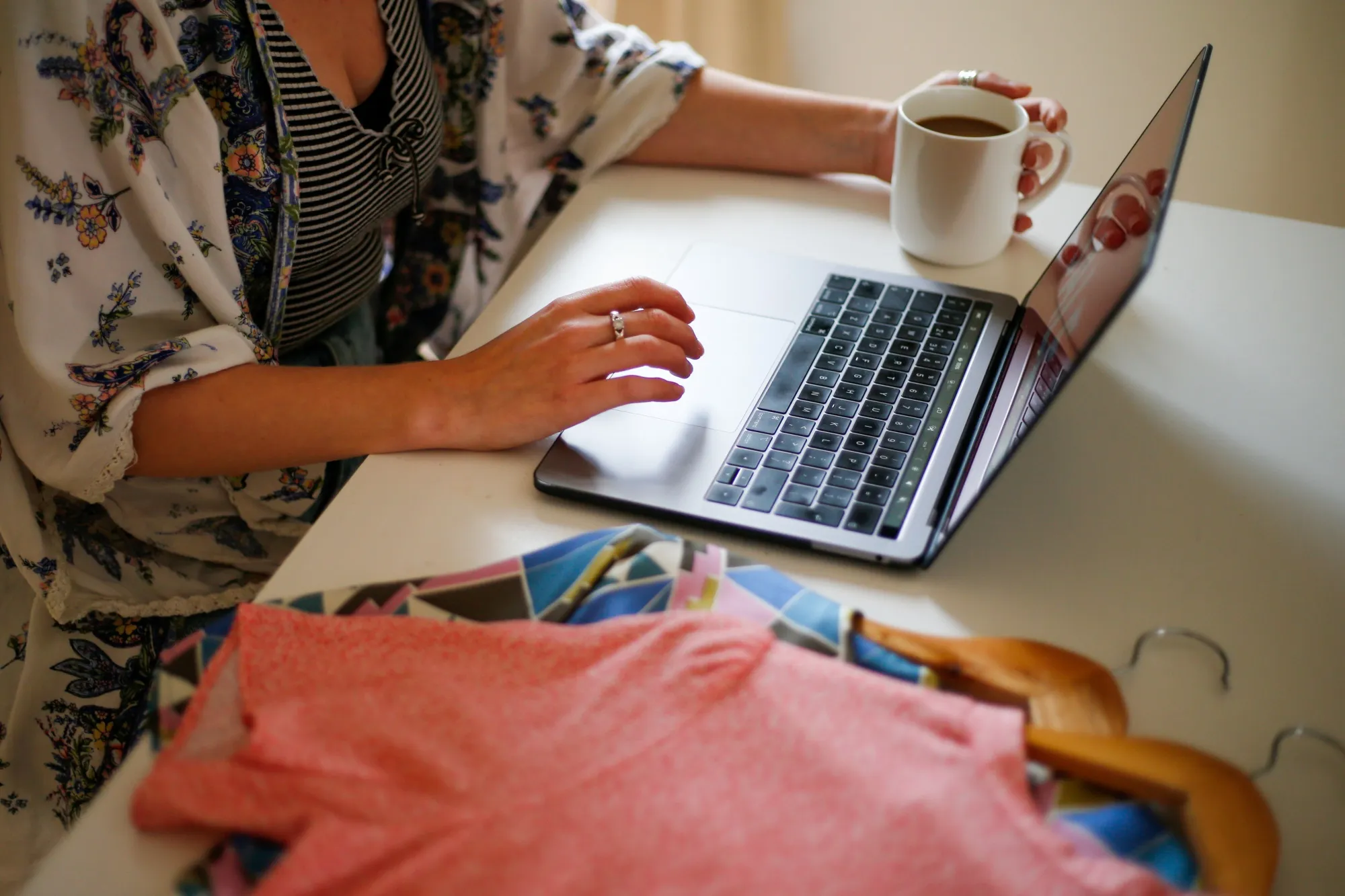 A woman works from home.