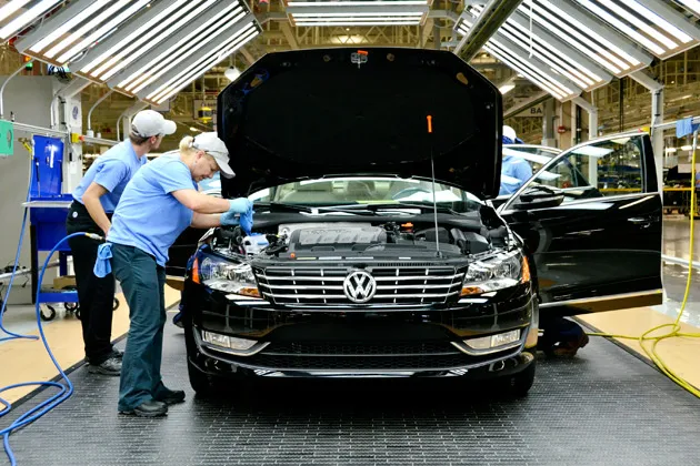 Workers on the production line at Volkswagen's plant in Chattanooga, Tennessee