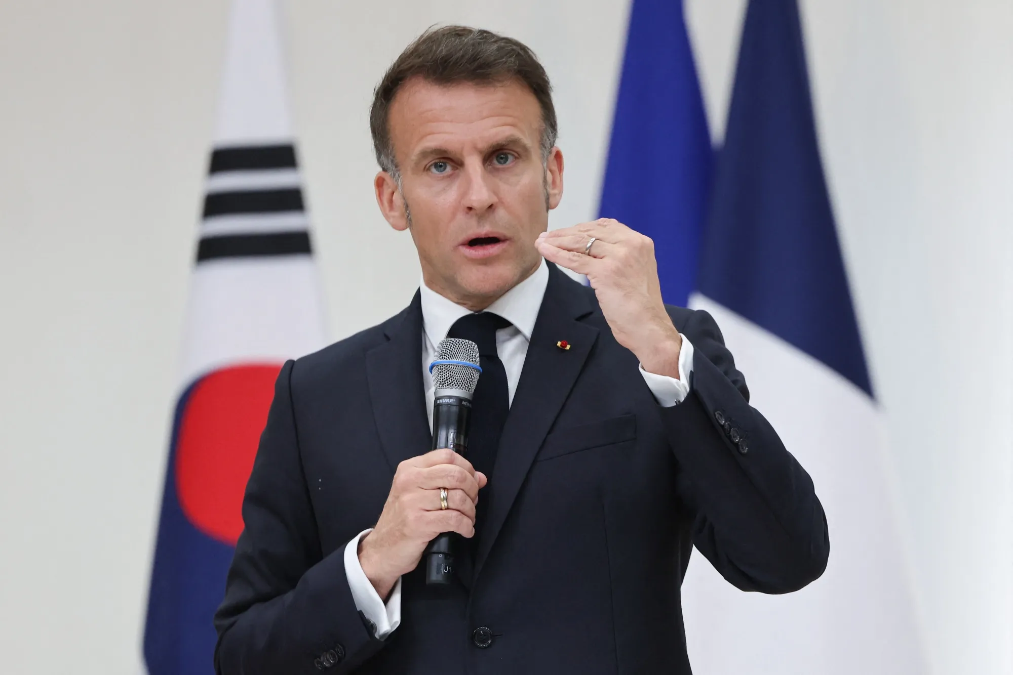 ソウルの延世大学で話したマクロン仏大統領（4月3日）