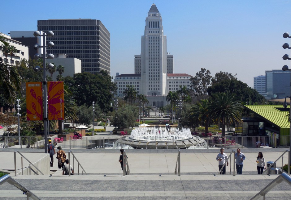 Los Angeles City Hall, as seen from refurbished Grand Park