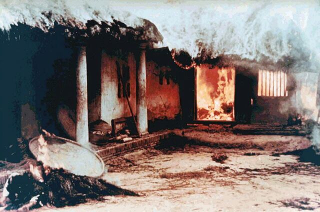 Photograph of a building burning at My Lai. Hundreds of people, mostly women, children and the elderly, were killed at My Lai on March 16, 1968. Only Calley, a platoon leader in Charlie Company, was convicted, though 26 soldiers were charged.