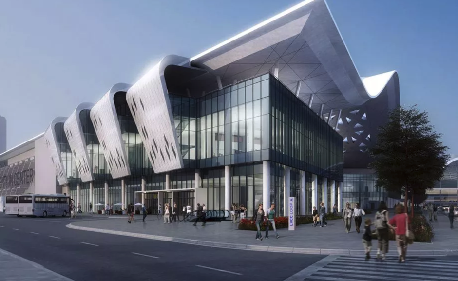 A rendering of a new wing of the Las Vegas Convention Center is shown with an &quot;LVCC Loop&quot; entrance.