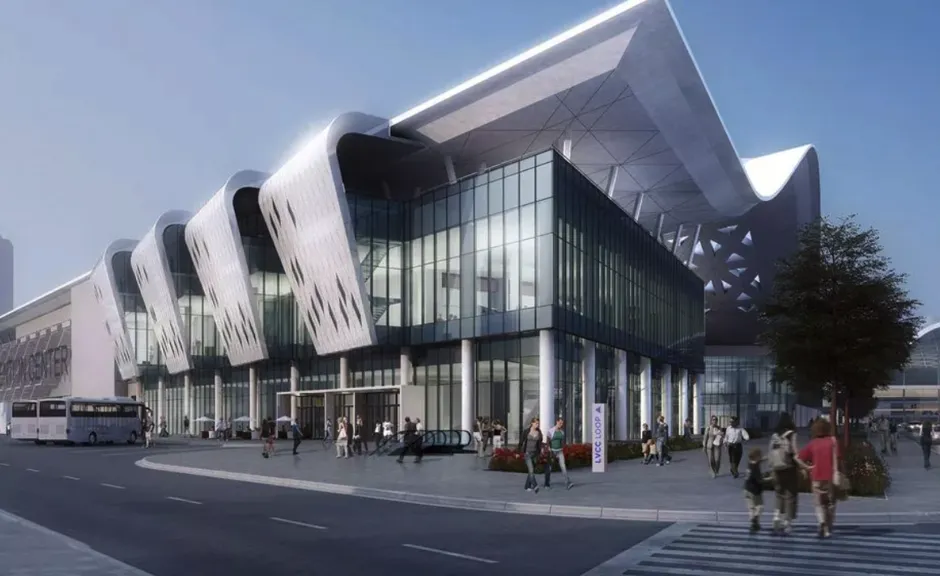 A rendering of a new wing of the Las Vegas Convention Center is shown with an "LVCC Loop" entrance.